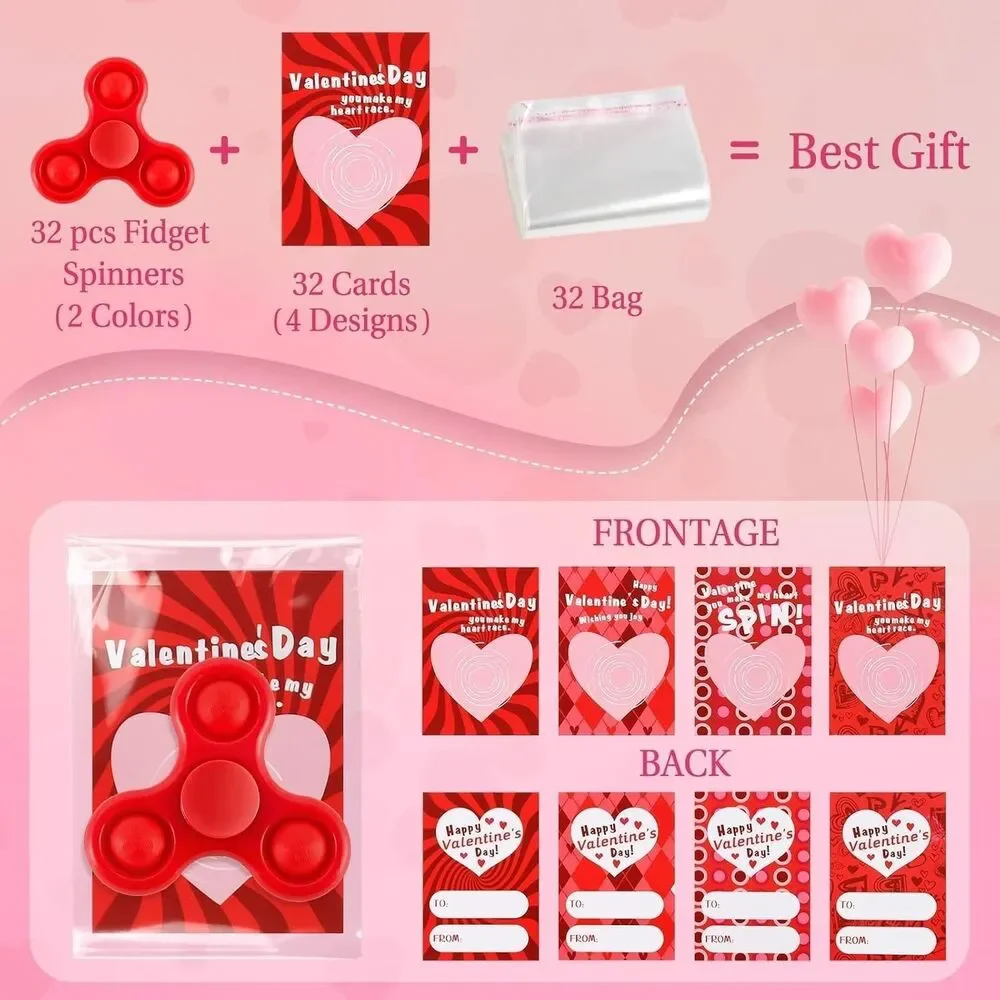 24 Valentine Fidget Spinner Sets with Cards Class Gift Party Favors for Kids NEW